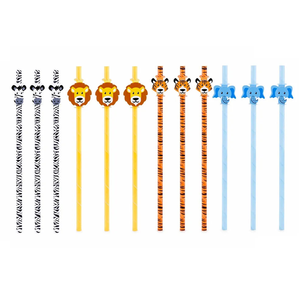 12 Pc Drinking Paper Straws Safari Theme Animal Print Kids Birthday Party Supply
