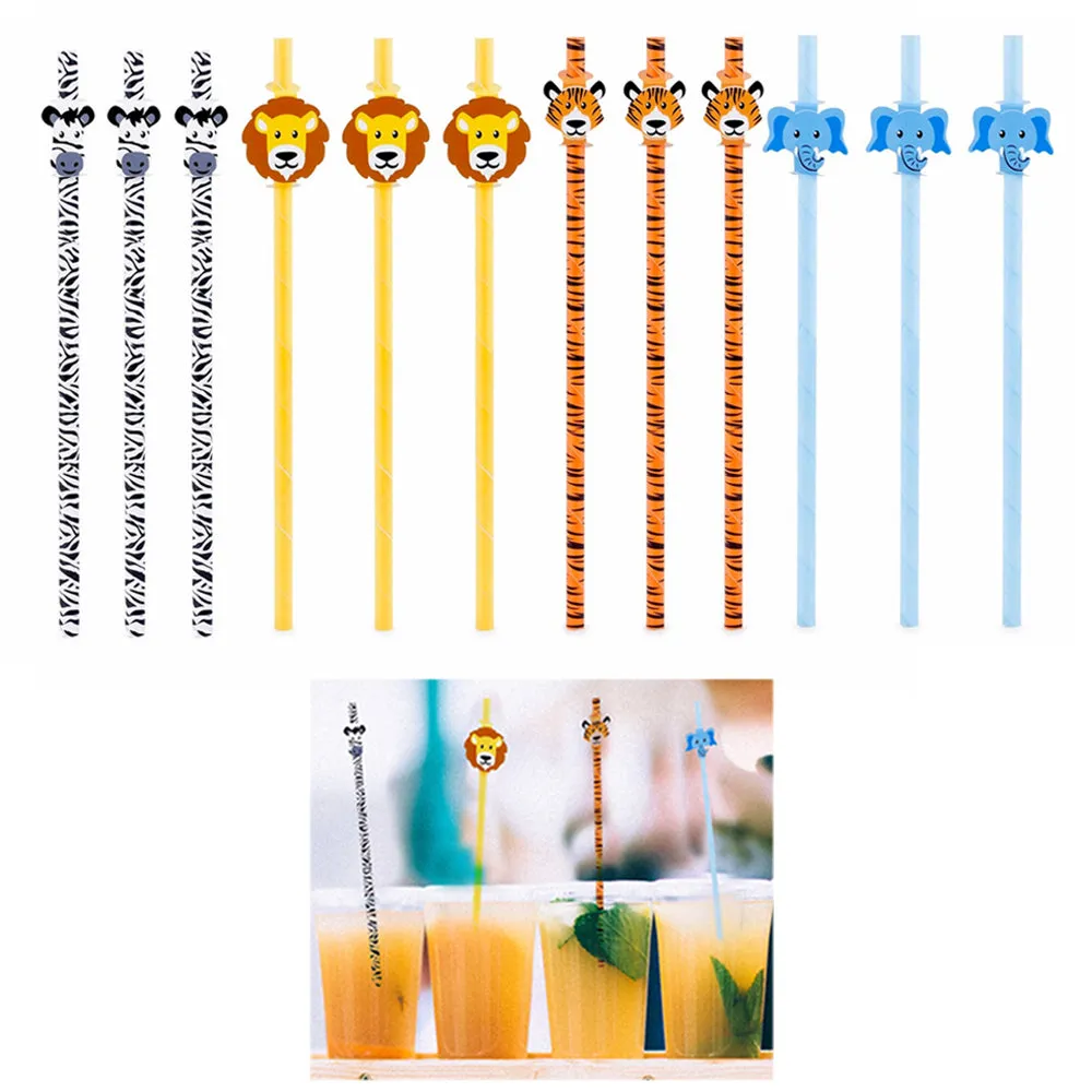 12 Pc Drinking Paper Straws Safari Theme Animal Print Kids Birthday Party Supply