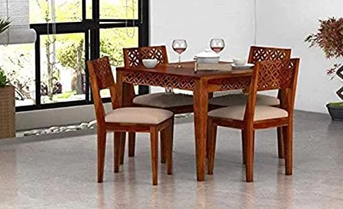 Craftswood Sheesham Wood Wooden 4 Seater CNC Dining Table for Living Room Home Wooden Dining Set and 4 Chairs with Cushion Honey Finish
