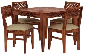 Craftswood Sheesham Wood Wooden 4 Seater CNC Dining Table for Living Room Home Wooden Dining Set and 4 Chairs with Cushion Honey Finish