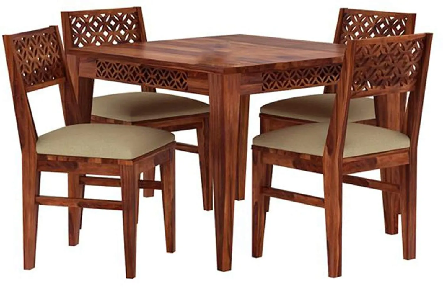 Craftswood Sheesham Wood Wooden 4 Seater CNC Dining Table for Living Room Home Wooden Dining Set and 4 Chairs with Cushion Honey Finish