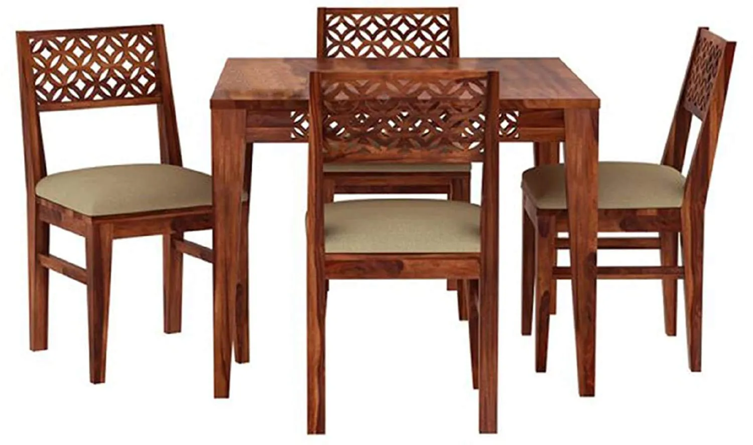 Craftswood Sheesham Wood Wooden 4 Seater CNC Dining Table for Living Room Home Wooden Dining Set and 4 Chairs with Cushion Honey Finish