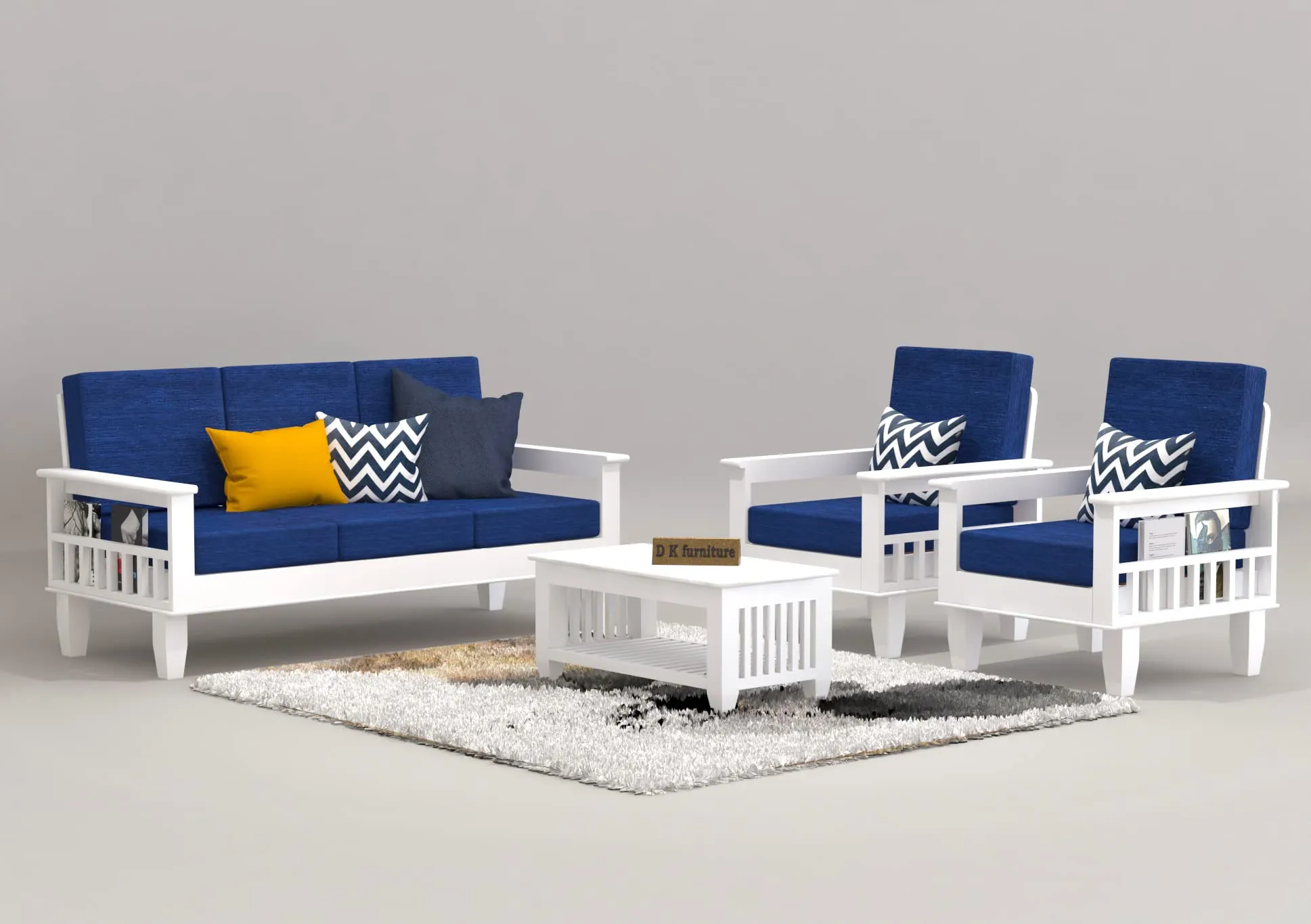 DK FURNITURE Wooden 5 Seater Sofa Set Without Coffee Table for Living Room, 3 1 1 Seater Sofa for Office & Lounge, Five Seater Sofa Sets for Home, Sheesham Wood, White Finish