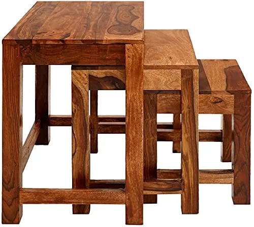 Fine Wood HUB Solid Sheesham Wood Nesting Table Set of 3 Stools Wooden Nesting Table | Bedside Table | Side Table | Living Room | Sofa Side Table Teak Wood Furniture Nesting Table| Honey Finish