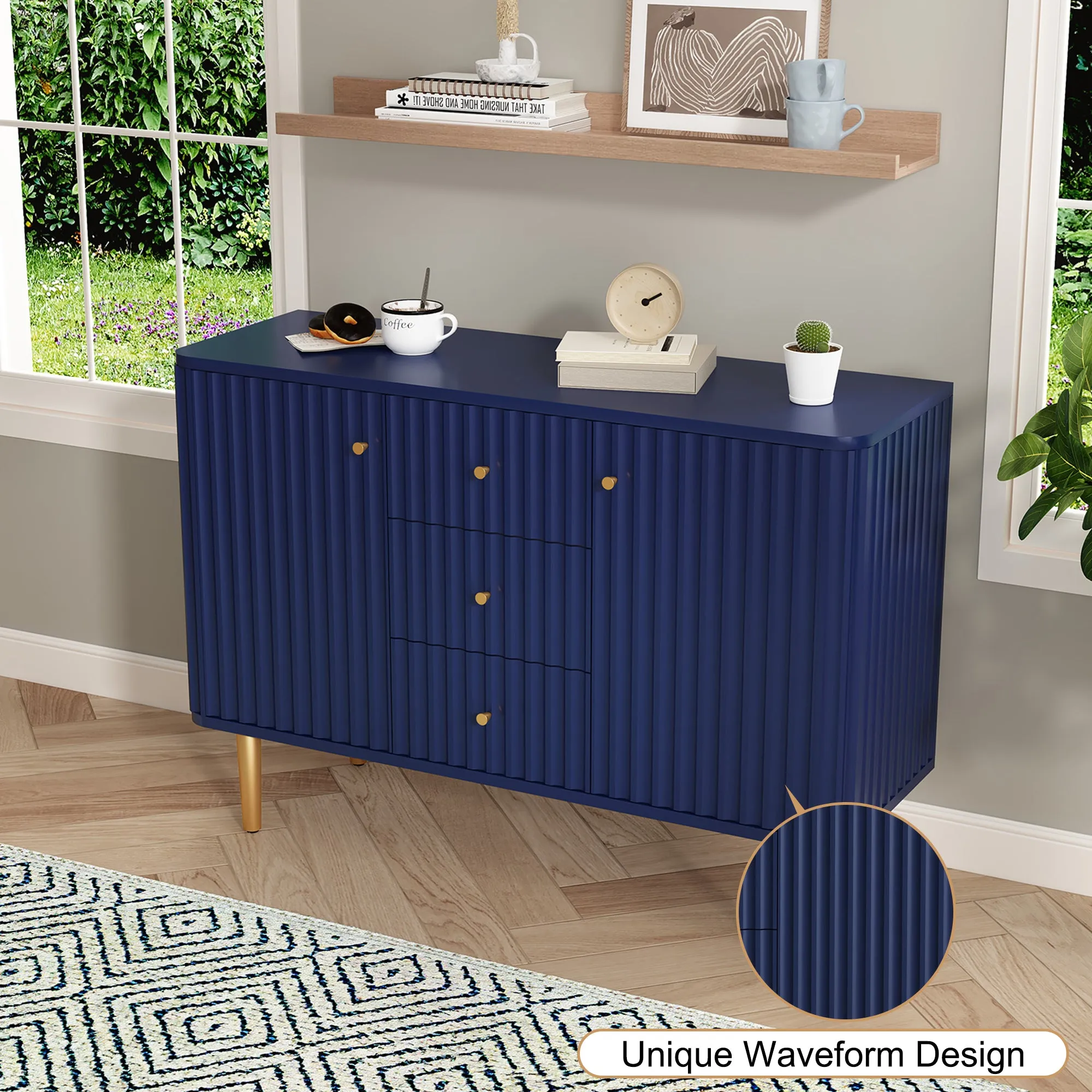 HLR Blue Modern Fluted Accent Sideboard Buffet with Drawers & Storage Cabinet  Stylish Organizer for Entryway, Kitchen & Living Room
