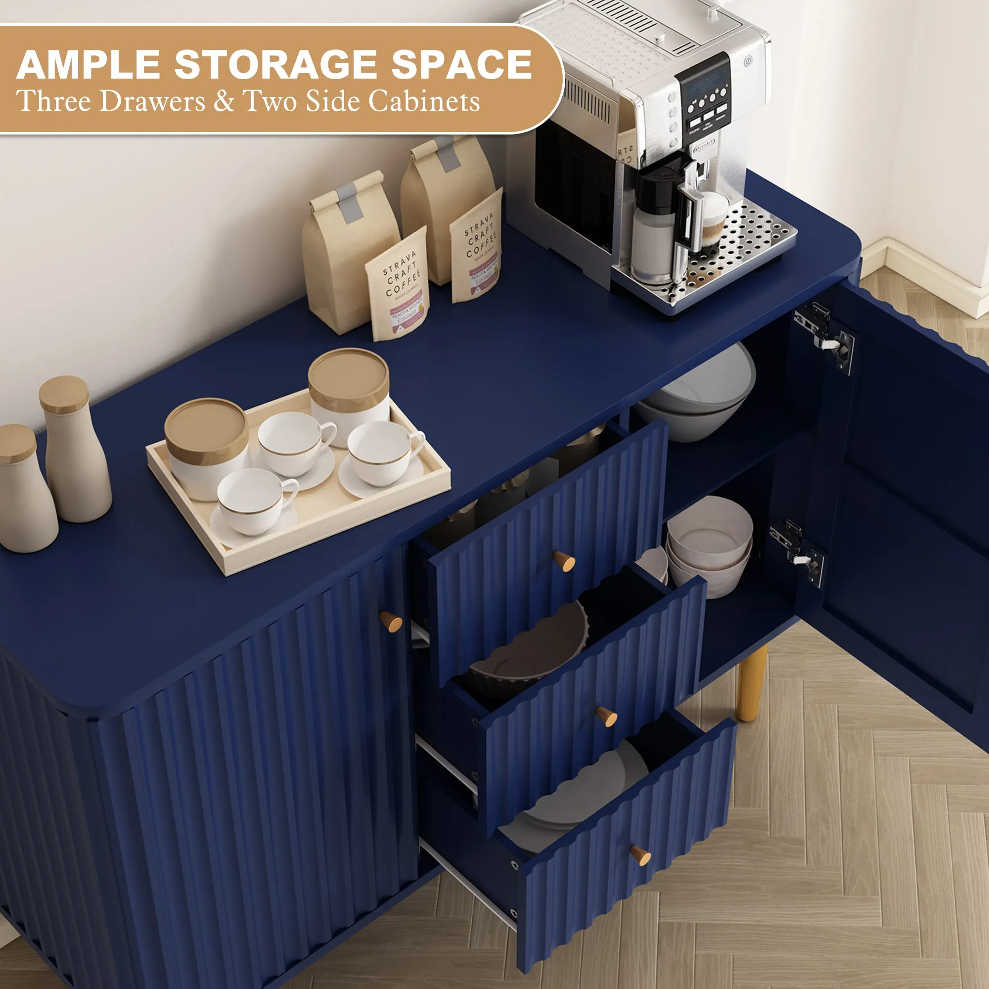 HLR Blue Modern Fluted Accent Sideboard Buffet with Drawers & Storage Cabinet  Stylish Organizer for Entryway, Kitchen & Living Room