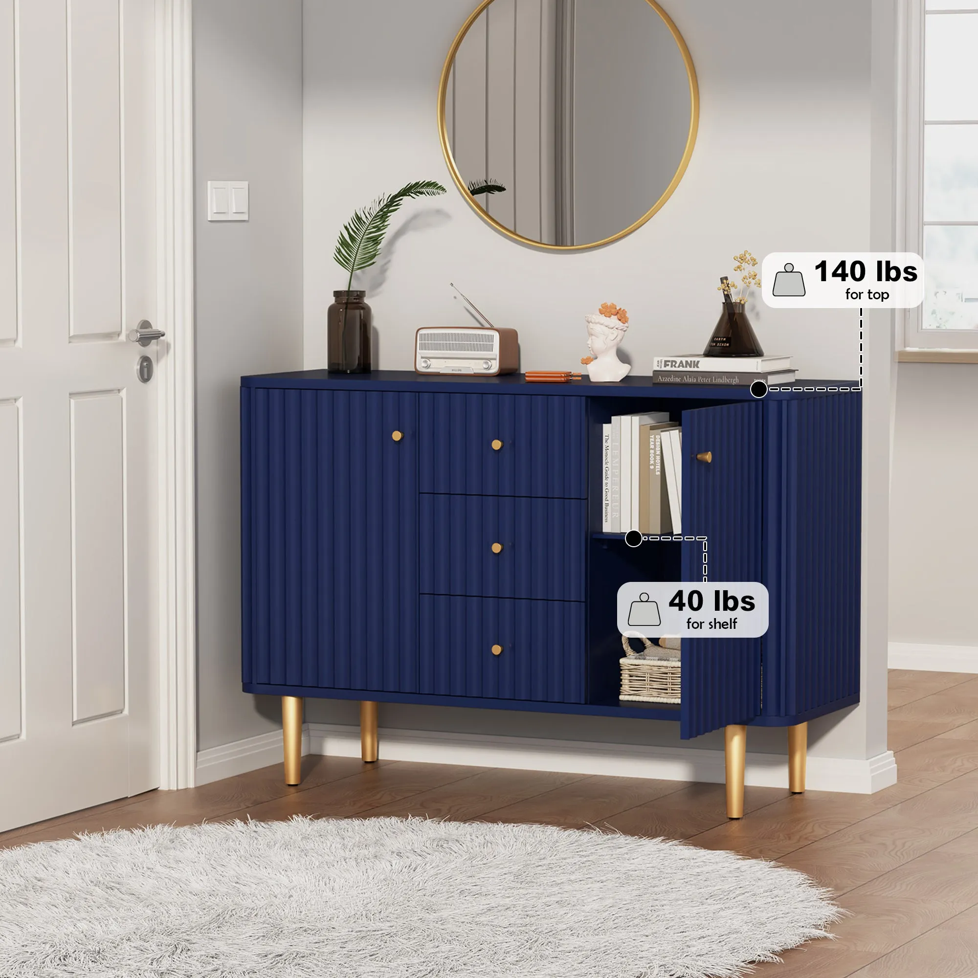 HLR Blue Modern Fluted Accent Sideboard Buffet with Drawers & Storage Cabinet  Stylish Organizer for Entryway, Kitchen & Living Room