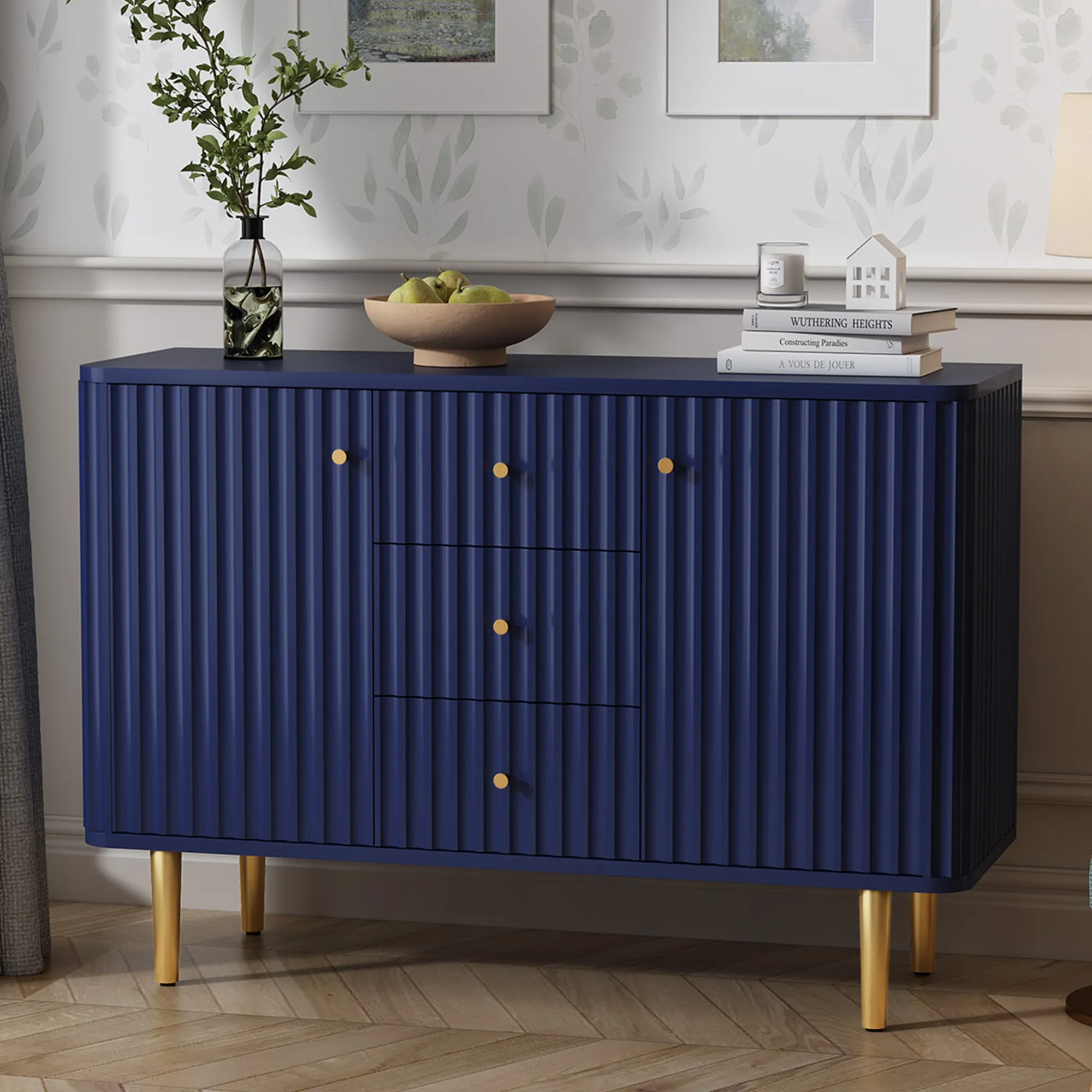 HLR Blue Modern Fluted Accent Sideboard Buffet with Drawers & Storage Cabinet  Stylish Organizer for Entryway, Kitchen & Living Room