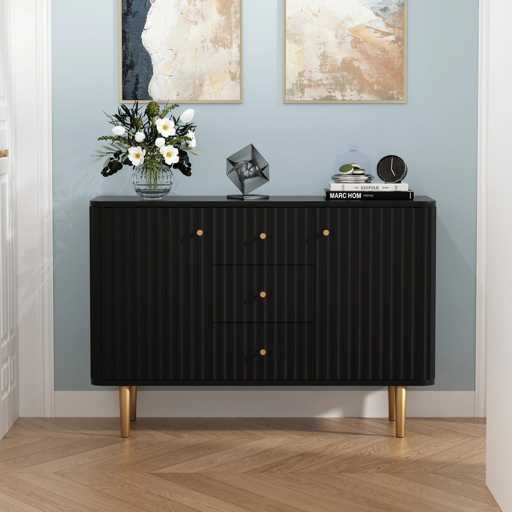 HLR Blue Modern Fluted Accent Sideboard Buffet with Drawers & Storage Cabinet  Stylish Organizer for Entryway, Kitchen & Living Room