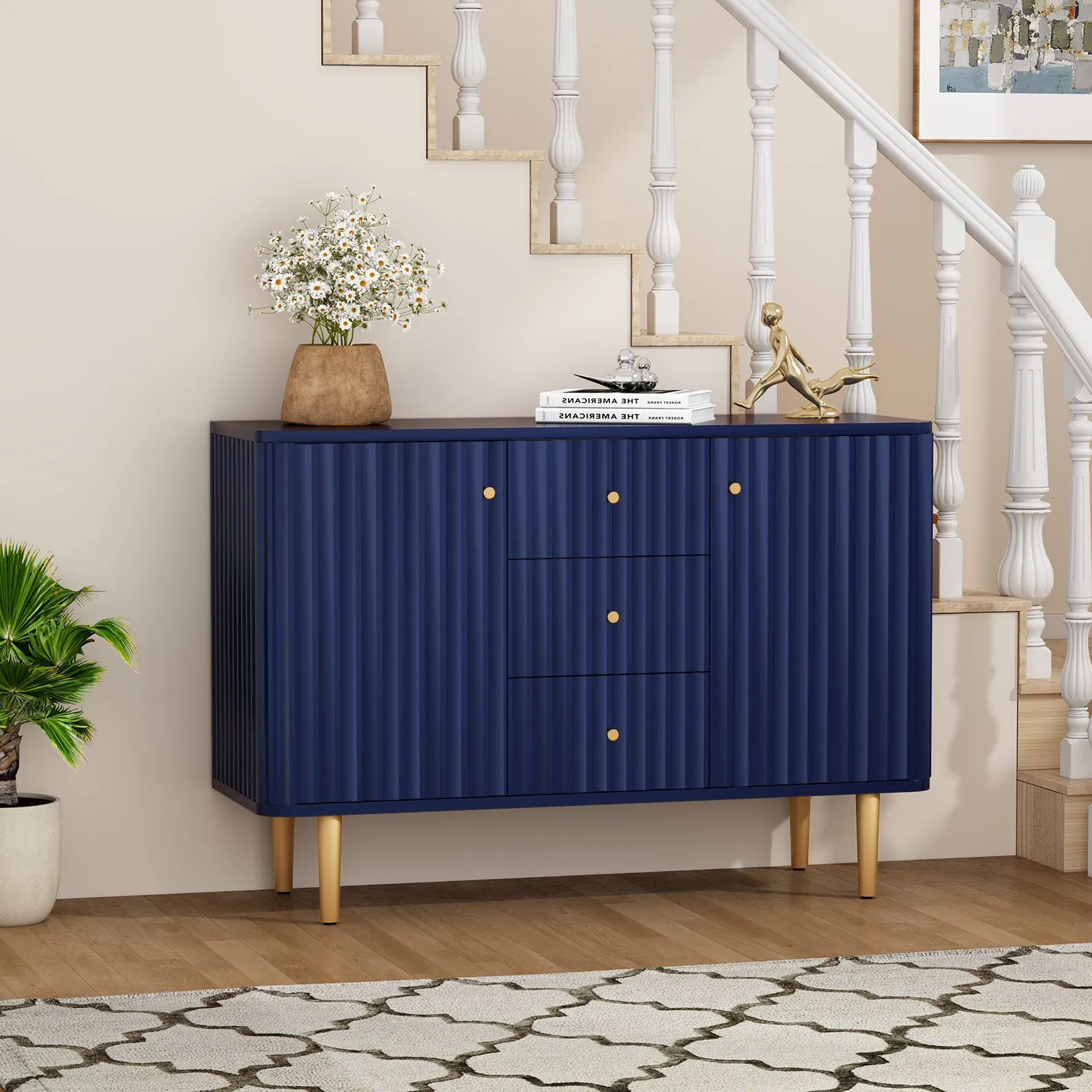 HLR Blue Modern Fluted Accent Sideboard Buffet with Drawers & Storage Cabinet  Stylish Organizer for Entryway, Kitchen & Living Room