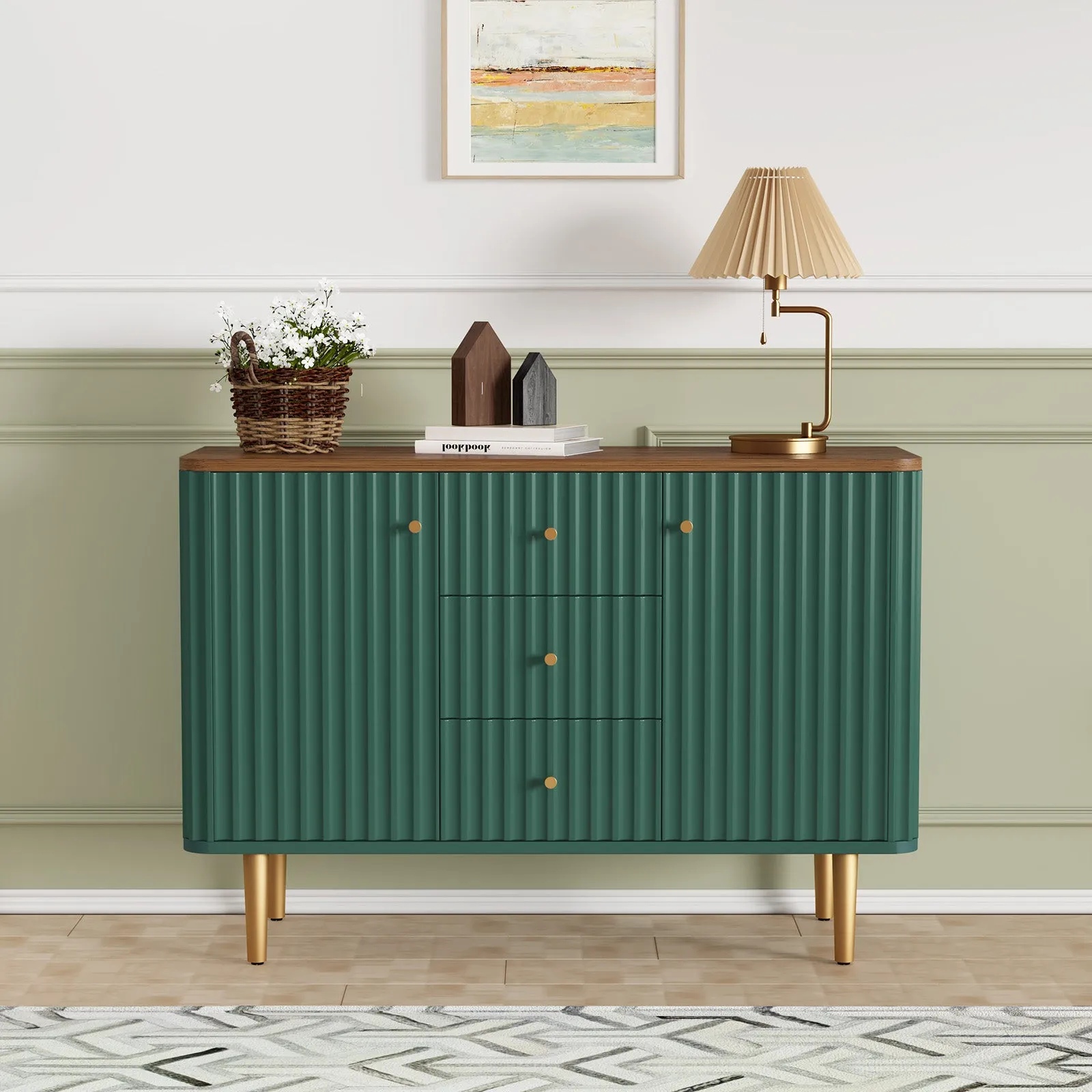 HLR Blue Modern Fluted Accent Sideboard Buffet with Drawers & Storage Cabinet  Stylish Organizer for Entryway, Kitchen & Living Room