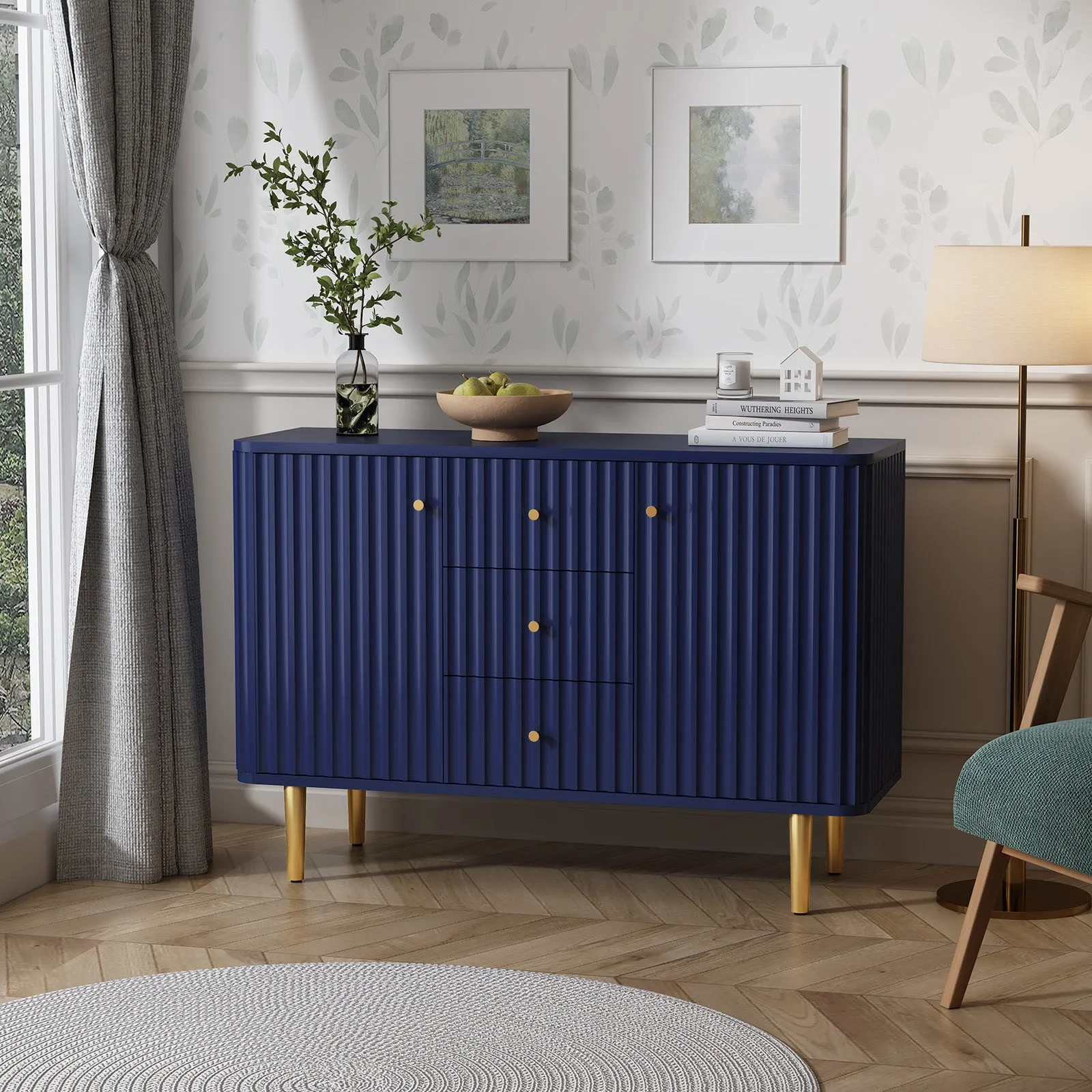 HLR Blue Modern Fluted Accent Sideboard Buffet with Drawers & Storage Cabinet  Stylish Organizer for Entryway, Kitchen & Living Room