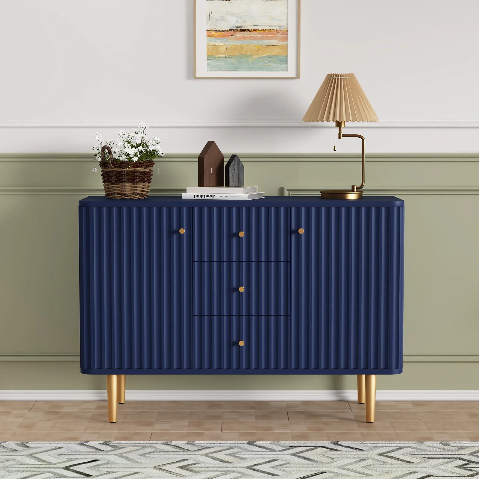 HLR Blue Modern Fluted Accent Sideboard Buffet with Drawers & Storage Cabinet  Stylish Organizer for Entryway, Kitchen & Living Room