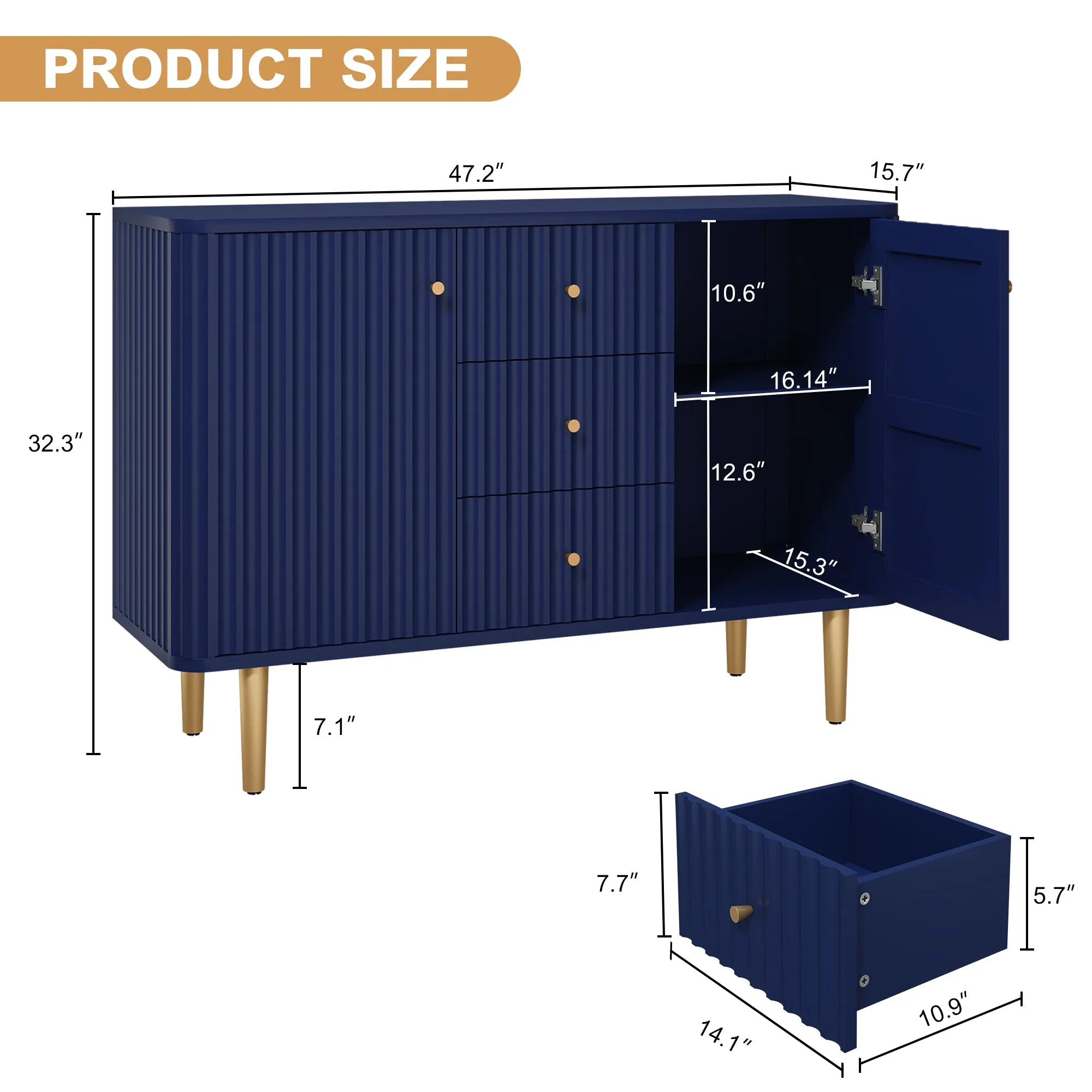 HLR Blue Modern Fluted Accent Sideboard Buffet with Drawers & Storage Cabinet  Stylish Organizer for Entryway, Kitchen & Living Room