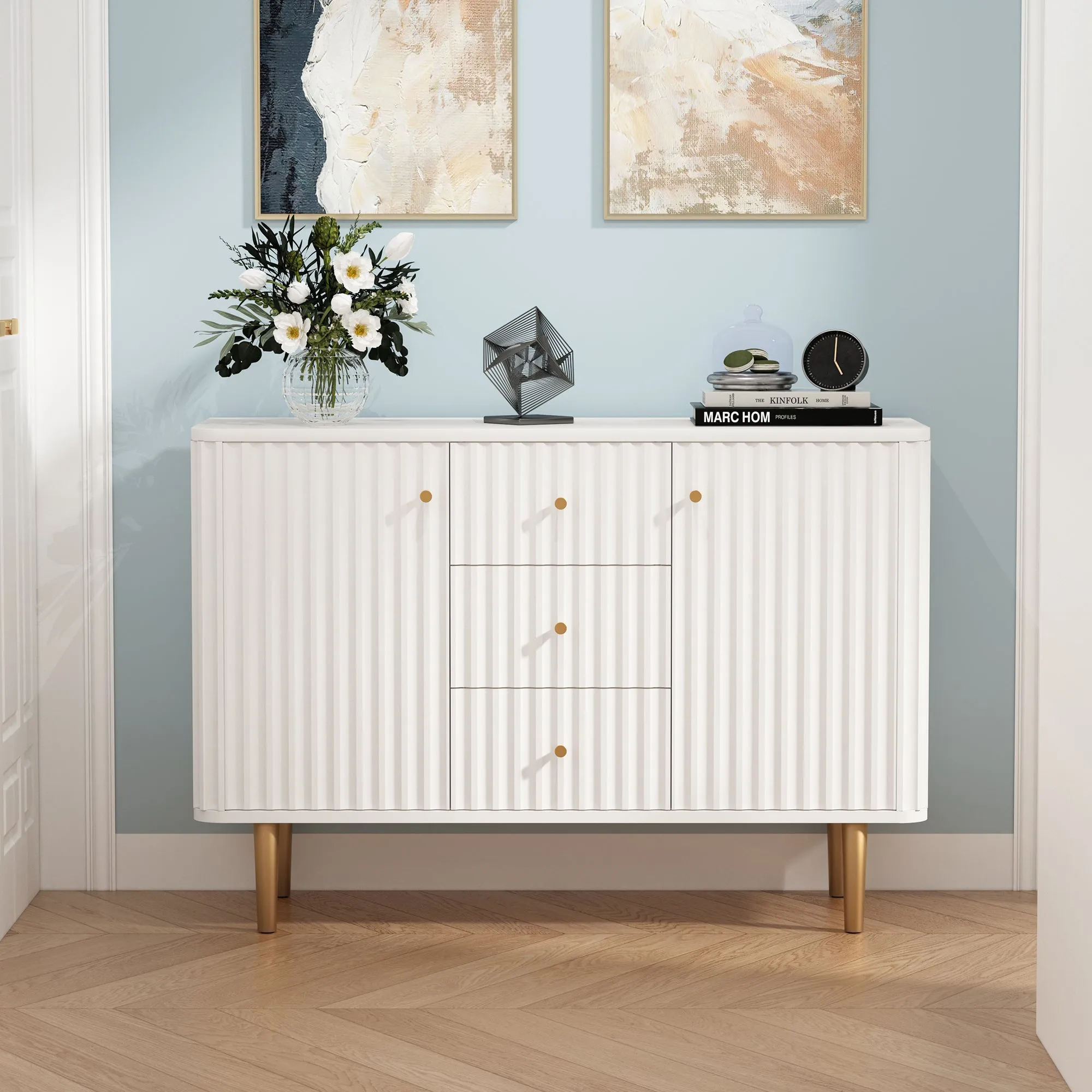HLR Blue Modern Fluted Accent Sideboard Buffet with Drawers & Storage Cabinet  Stylish Organizer for Entryway, Kitchen & Living Room