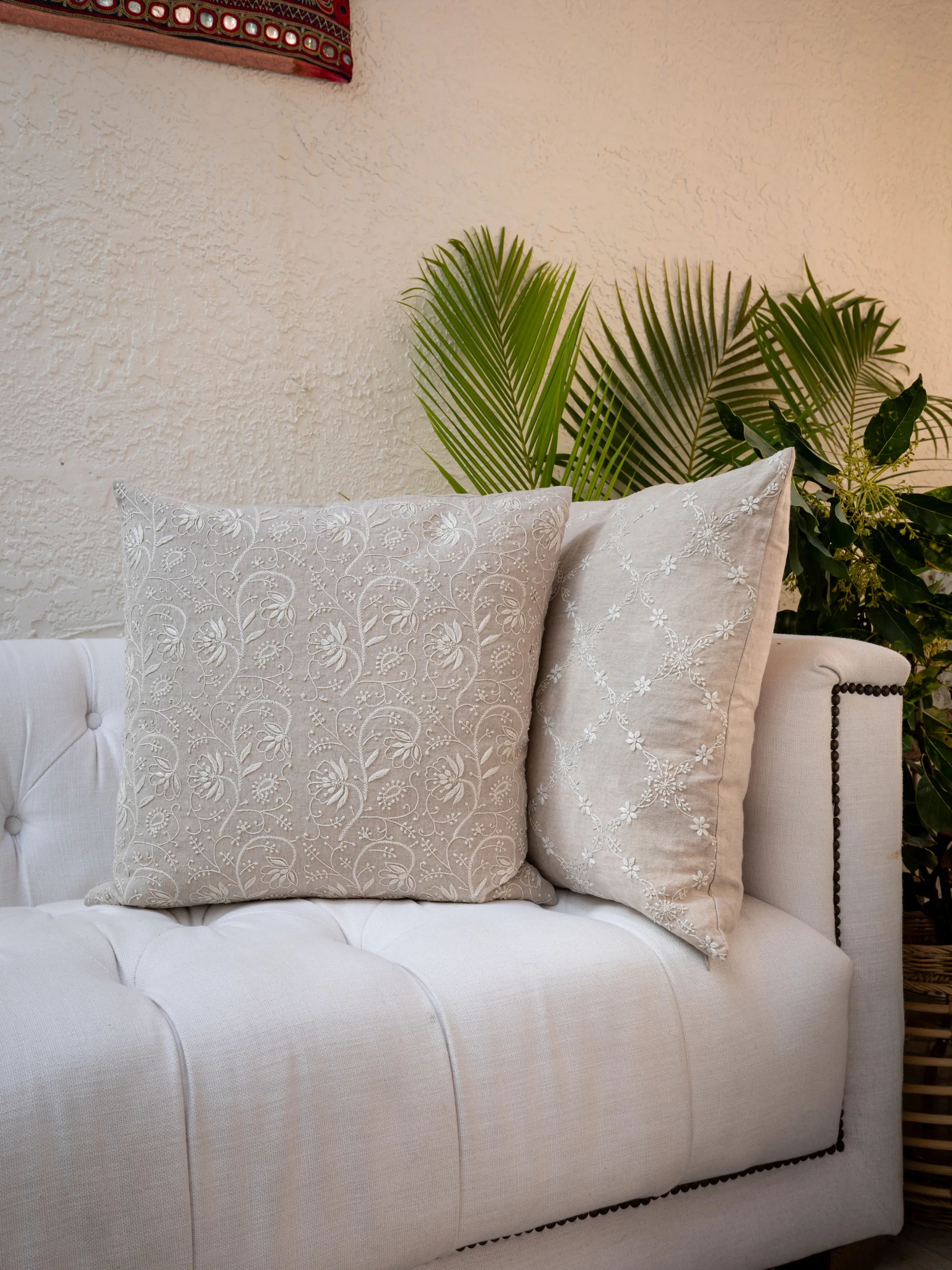 Juliette Natural Linen Hand-Embroidered Pillow Cover