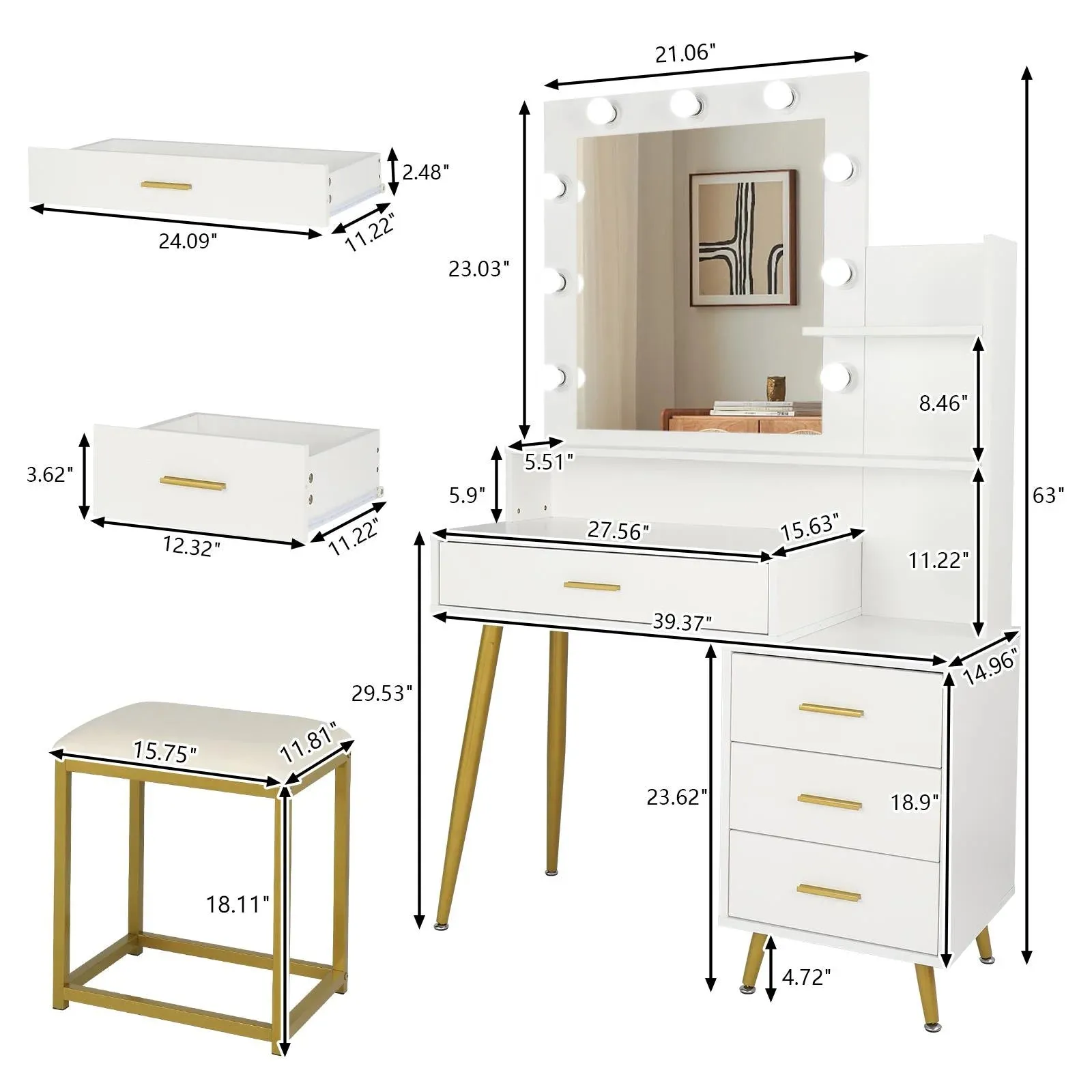 Ktaxon Vanity Table Set with Lighted Mirror, Makeup Table with 4 Drawers, Dressing Vanity Tables, Dresser Desk for Girls, Women, White