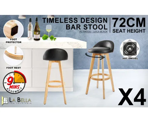 La Bella 4 Set 72cm Black Wooden Bar Stool Leila Leather