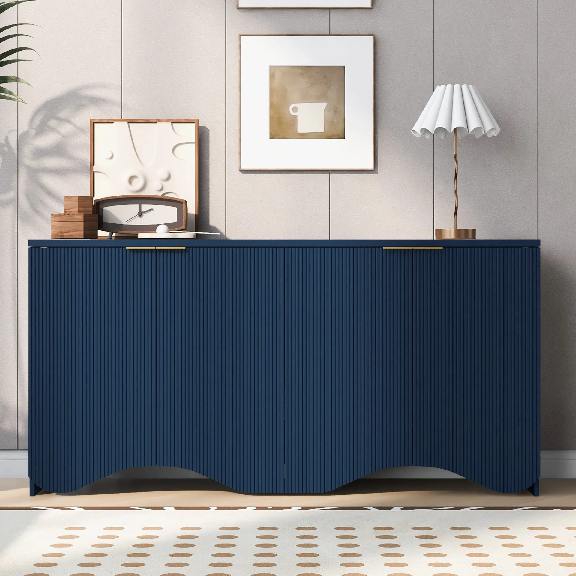 Vertical Stripes Entryway, Hallway Console and Wavy Design of a Four-Door Cabinet