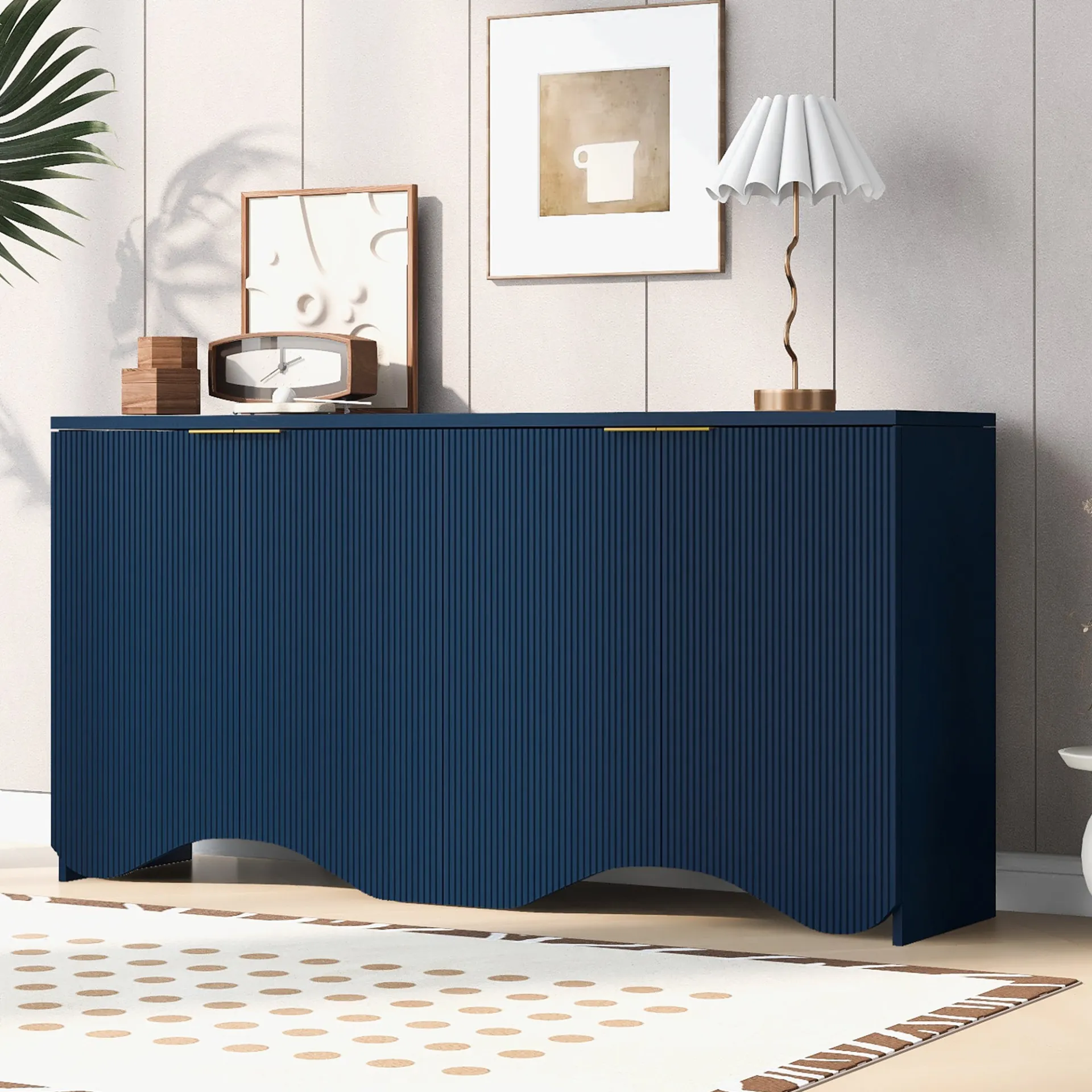 Vertical Stripes Entryway, Hallway Console and Wavy Design of a Four-Door Cabinet