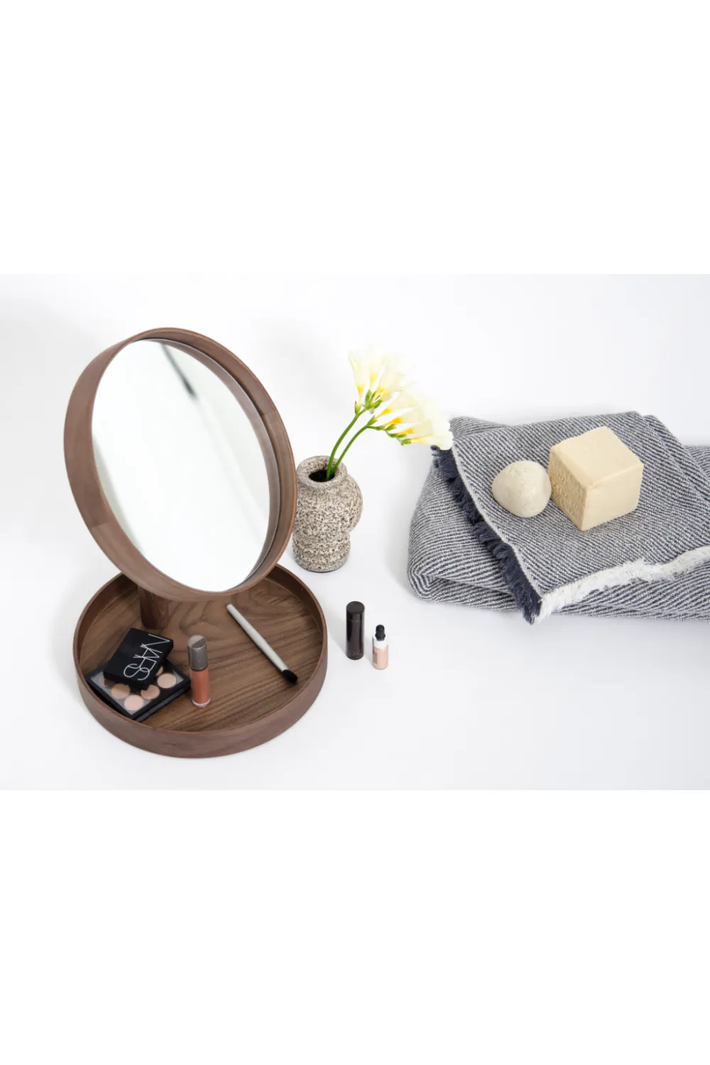 Walnut Magnifying Vanity Mirror with Storage Tray | Wireworks Look