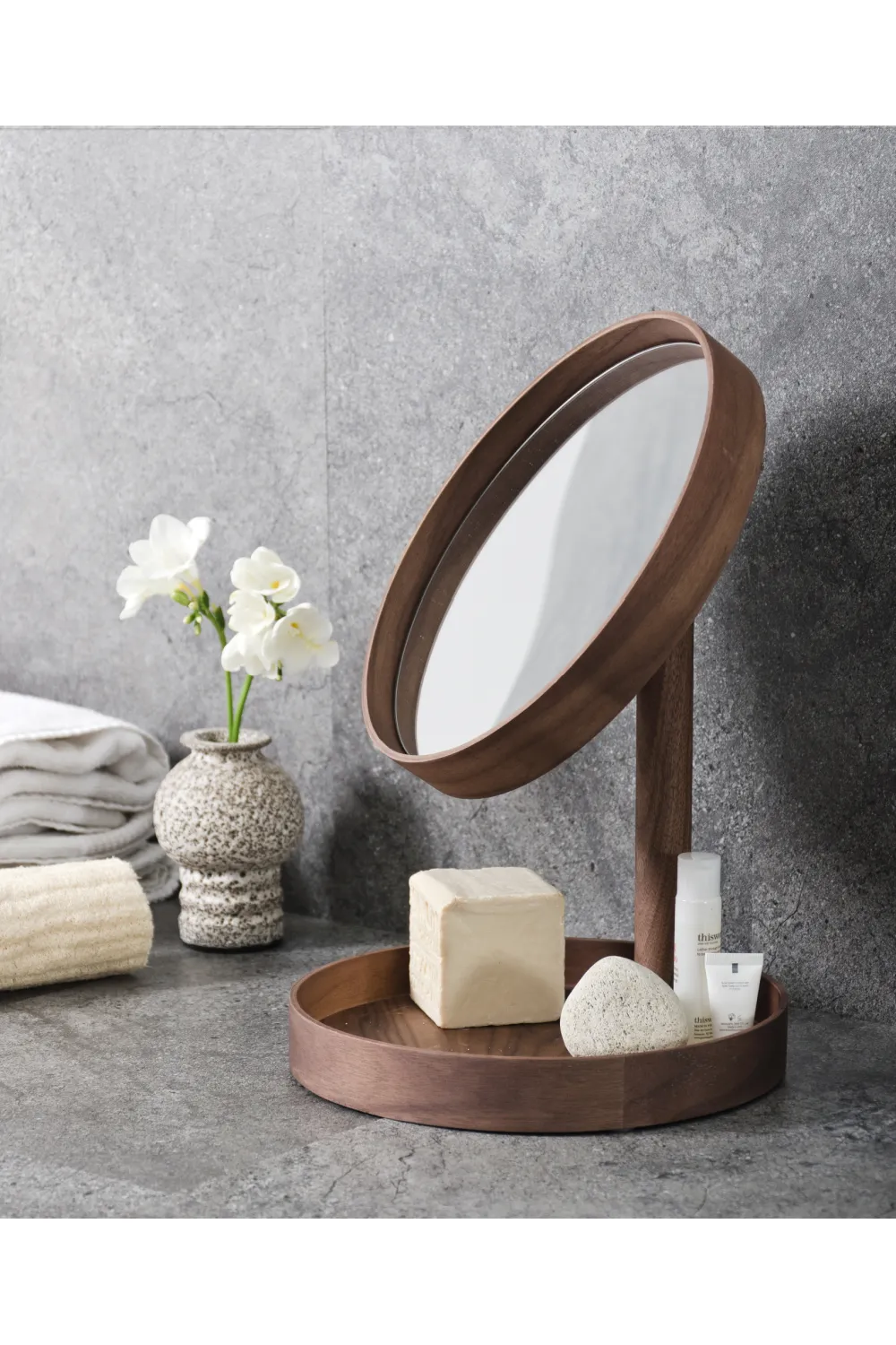 Walnut Magnifying Vanity Mirror with Storage Tray | Wireworks Look
